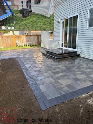 Before and after hardscaping transformation with retaining wall and patio