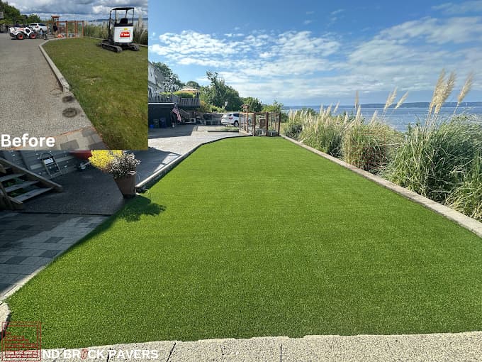 Before and after paver patio transformation from bare dirt yard