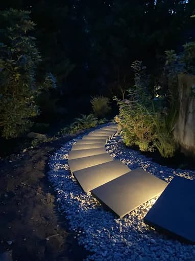 Lighted paver steps through planting at night
